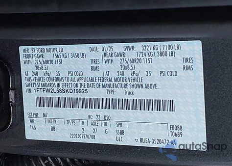 2025 Ford F-150 Stx z USA, uszkodzony, nr VIN 1FTFW2L58SKD19925